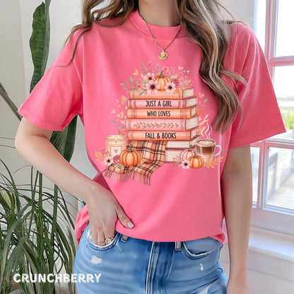 Cute Fall Shirt for Book Lovers Just A Girl Who Loves Fall Gift For Fall Lovers Autumn Tee Book & Fall Tee Readers Shirt Cute Book Shirt