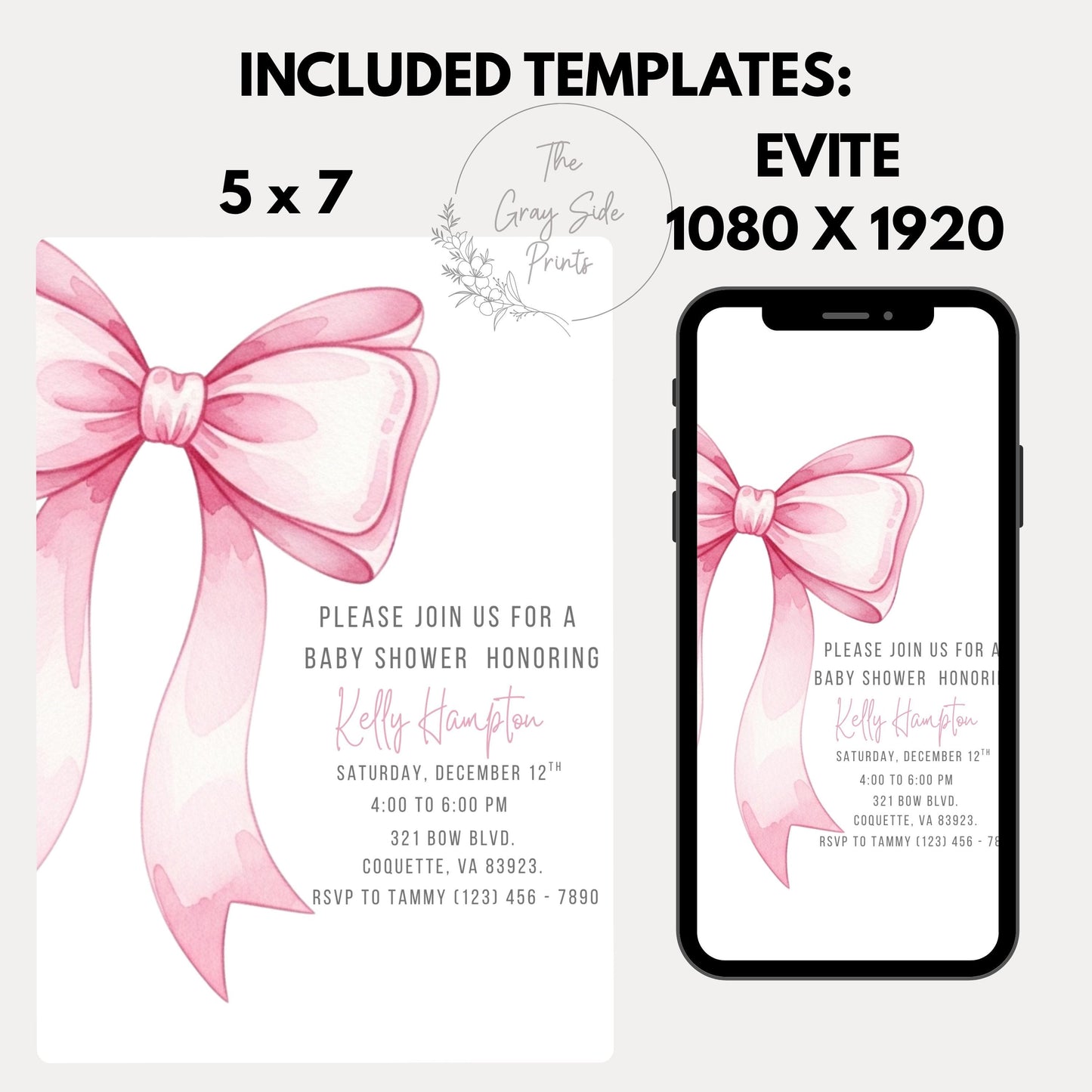 Pink Bow Baby Shower Invitation Editable Elegant Watercolor Coquette Bow Invitation Pink Girl Baby Shower Invite Pink Ribbon Baby Shower