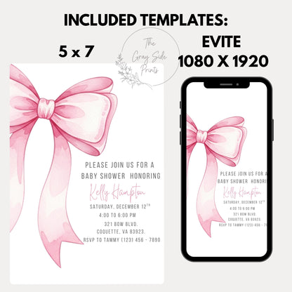 Pink Bow Baby Shower Invitation Editable Elegant Watercolor Coquette Bow Invitation Pink Girl Baby Shower Invite Pink Ribbon Baby Shower