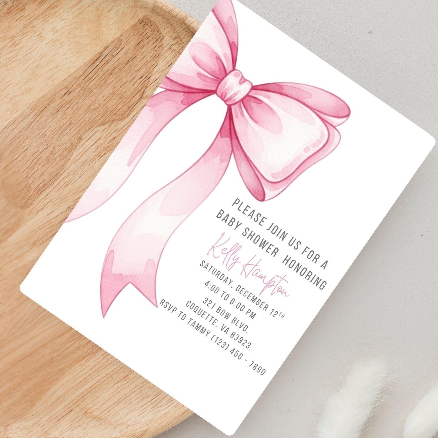 Pink Bow Baby Shower Invitation Editable Elegant Watercolor Coquette Bow Invitation Pink Girl Baby Shower Invite Pink Ribbon Baby Shower