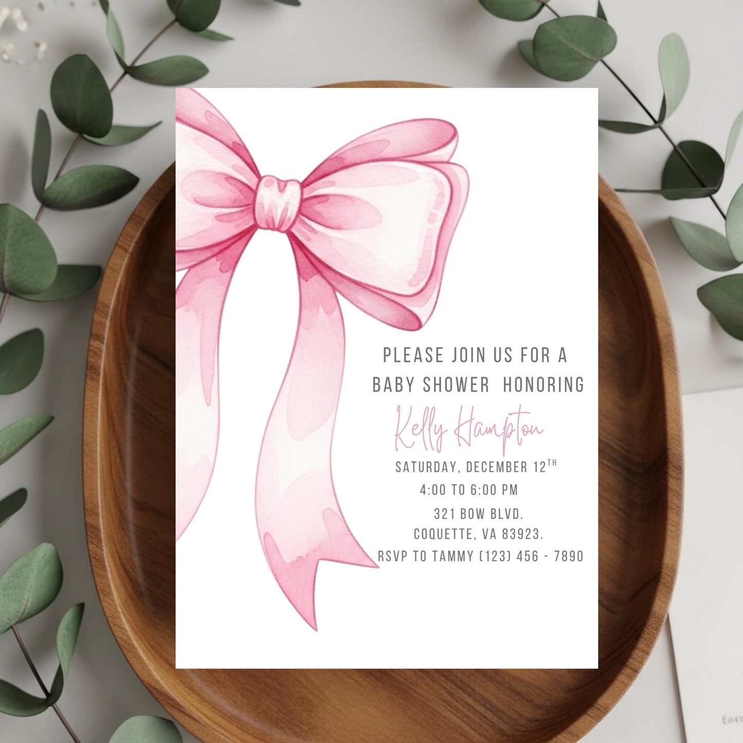 Pink Bow Baby Shower Invitation Editable Elegant Watercolor Coquette Bow Invitation Pink Girl Baby Shower Invite Pink Ribbon Baby Shower