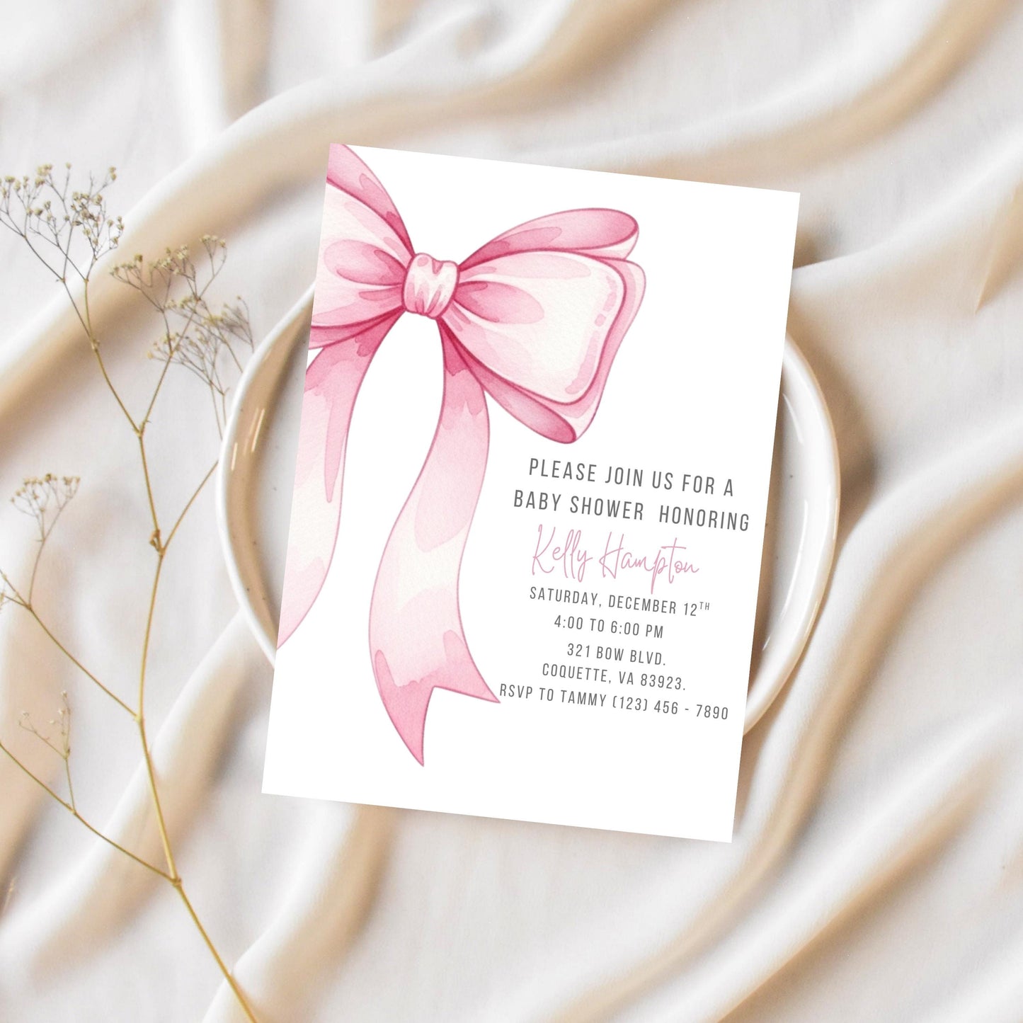 Pink Bow Baby Shower Invitation Editable Elegant Watercolor Coquette Bow Invitation Pink Girl Baby Shower Invite Pink Ribbon Baby Shower