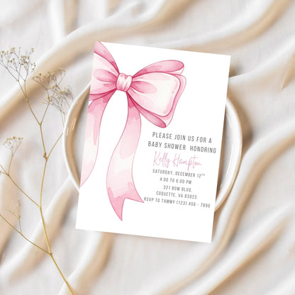 Pink Bow Baby Shower Invitation Editable Elegant Watercolor Coquette Bow Invitation Pink Girl Baby Shower Invite Pink Ribbon Baby Shower