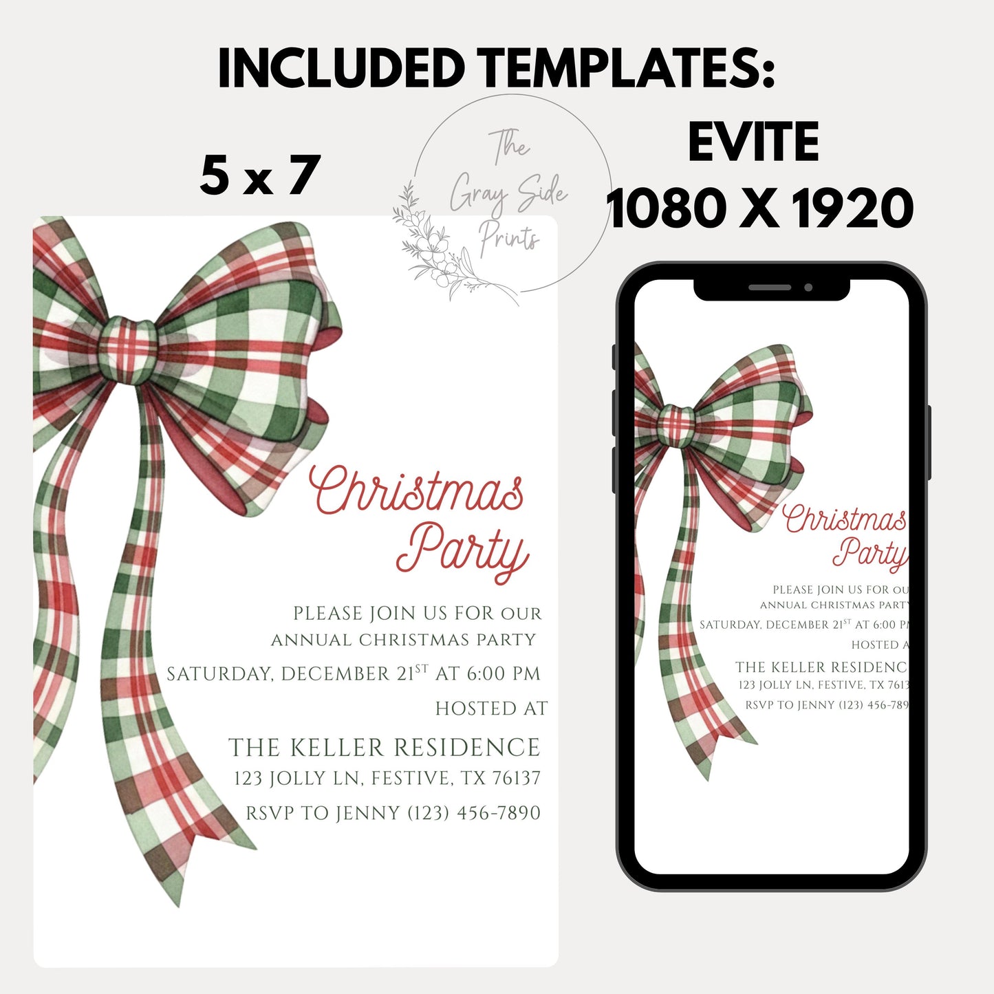 Christmas Party Invitation Christmas Plaid Bow Invite Christmas Party Template Holiday Party Digital Invite Christmas Bow Invite Download