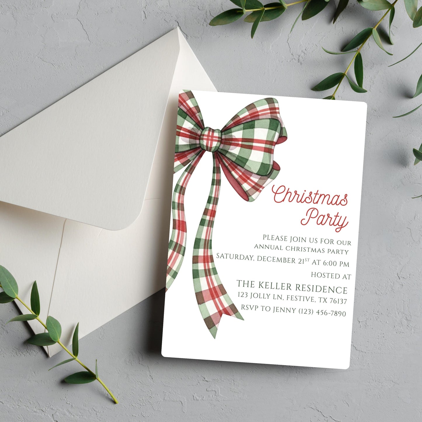 Christmas Party Invitation Christmas Plaid Bow Invite Christmas Party Template Holiday Party Digital Invite Christmas Bow Invite Download
