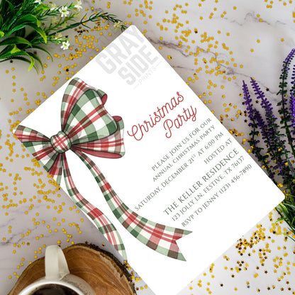 Christmas Party Invitation Christmas Plaid Bow Invite Christmas Party Template Holiday Party Digital Invite Christmas Bow Invite Download