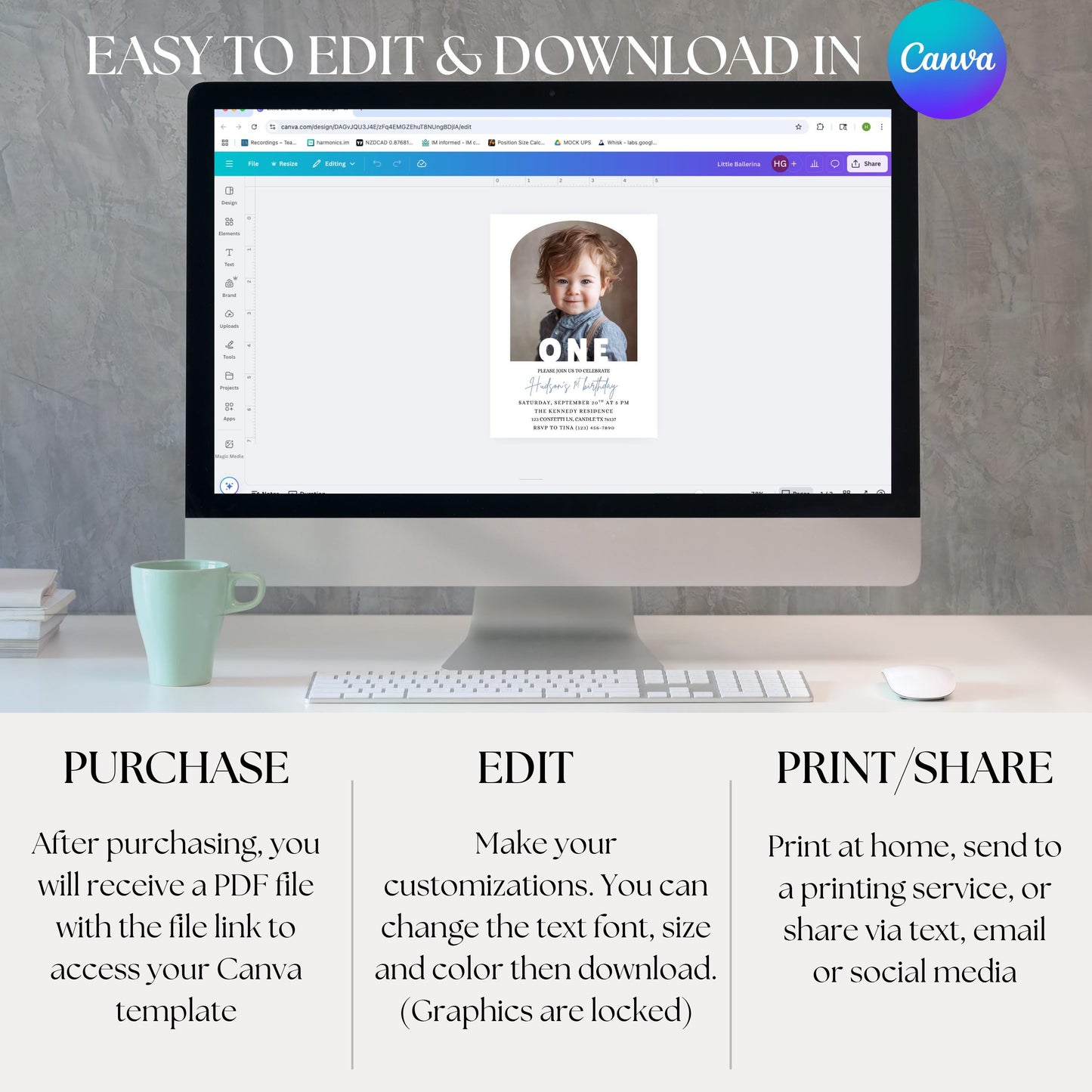 Editable 1st Birthday Photo Invitation Minimal First Birthday Invite TemplatevBoy First Birthday Invitation Girl First Birthday Template