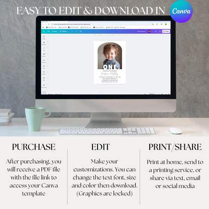 Editable 1st Birthday Photo Invitation Minimal First Birthday Invite TemplatevBoy First Birthday Invitation Girl First Birthday Template