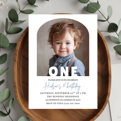 Editable 1st Birthday Photo Invitation Minimal First Birthday Invite TemplatevBoy First Birthday Invitation Girl First Birthday Template