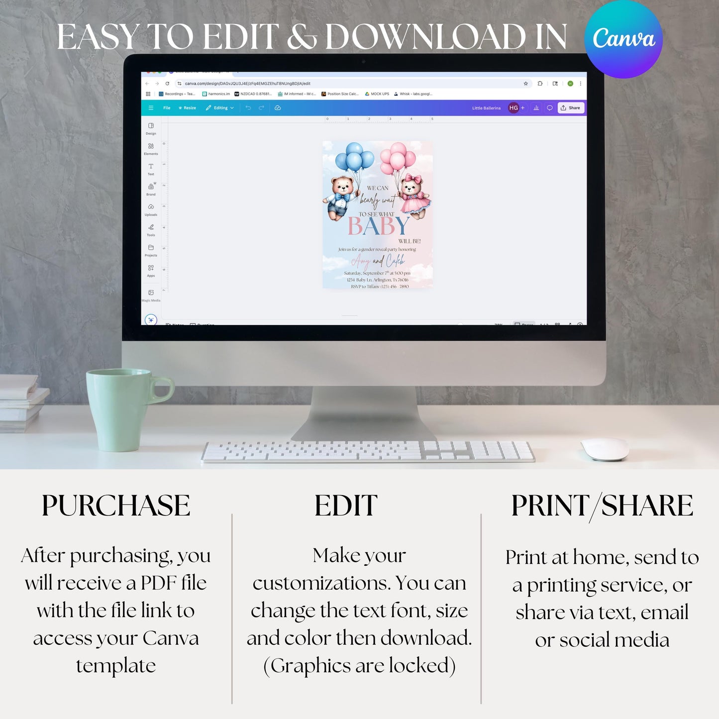 We Can Bearly Wait Gender Reveal Invite Gender Reveal Invitation Boy or Girl Invite Editable Gender Reveal Invite Bearly Wait Invitation