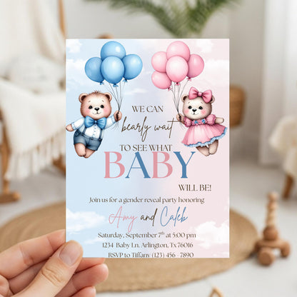 We Can Bearly Wait Gender Reveal Invite Gender Reveal Invitation Boy or Girl Invite Editable Gender Reveal Invite Bearly Wait Invitation