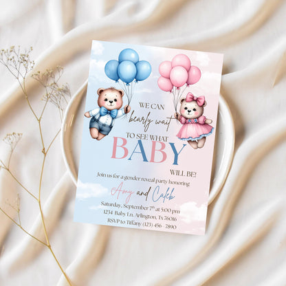 We Can Bearly Wait Gender Reveal Invite Gender Reveal Invitation Boy or Girl Invite Editable Gender Reveal Invite Bearly Wait Invitation