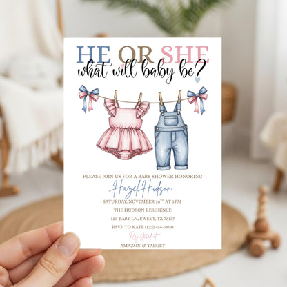 Pink or Blue Clothlesline Gender Reveal Invitation Baby Clothes Gender Reveal Invite He or She What Will Baby Be Surprise Gender Reveal