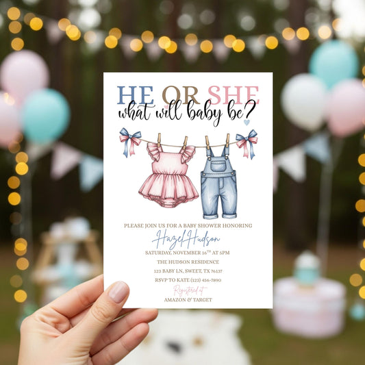 Pink or Blue Clothlesline Gender Reveal Invitation Baby Clothes Gender Reveal Invite He or She What Will Baby Be Surprise Gender Reveal