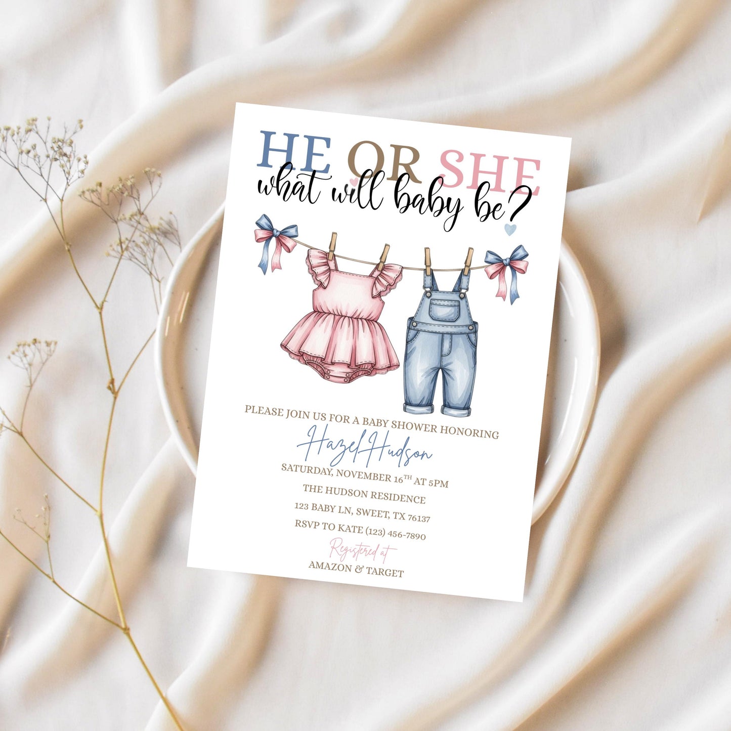 Pink or Blue Clothlesline Gender Reveal Invitation Baby Clothes Gender Reveal Invite He or She What Will Baby Be Surprise Gender Reveal