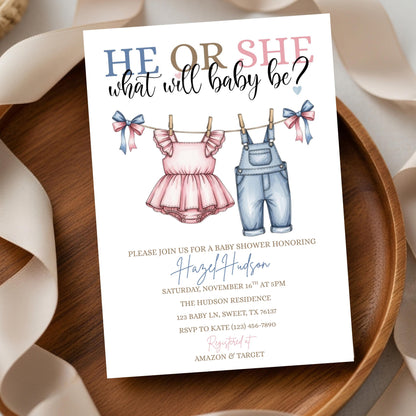 Pink or Blue Clothlesline Gender Reveal Invitation Baby Clothes Gender Reveal Invite He or She What Will Baby Be Surprise Gender Reveal