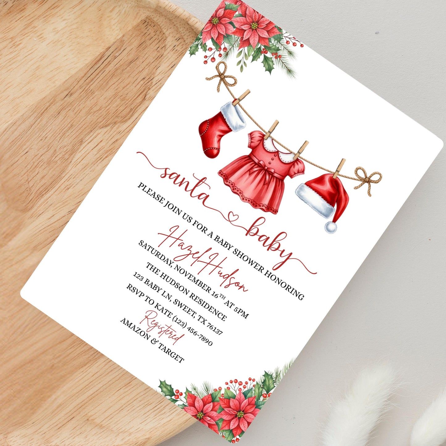 Santa Baby Shower Invitation Winter Christmas Holiday Baby Shower Invite Merry Little Baby Shower Baby Clothesline Instant Download