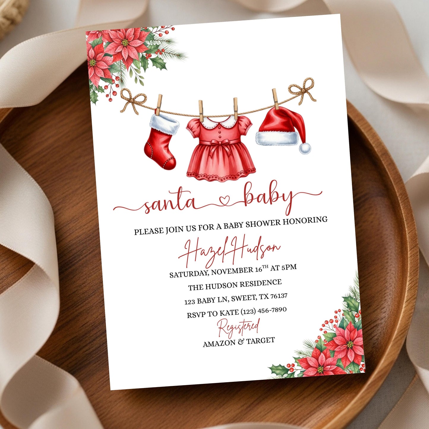 Santa Baby Shower Invitation Winter Christmas Holiday Baby Shower Invite Merry Little Baby Shower Baby Clothesline Instant Download