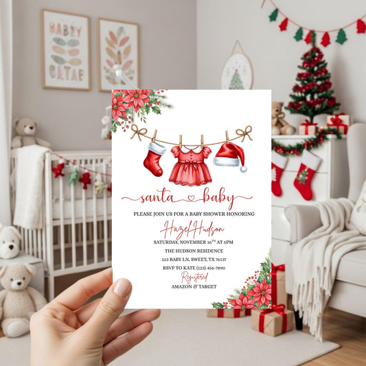 Santa Baby Shower Invitation Winter Christmas Holiday Baby Shower Invite Merry Little Baby Shower Baby Clothesline Instant Download
