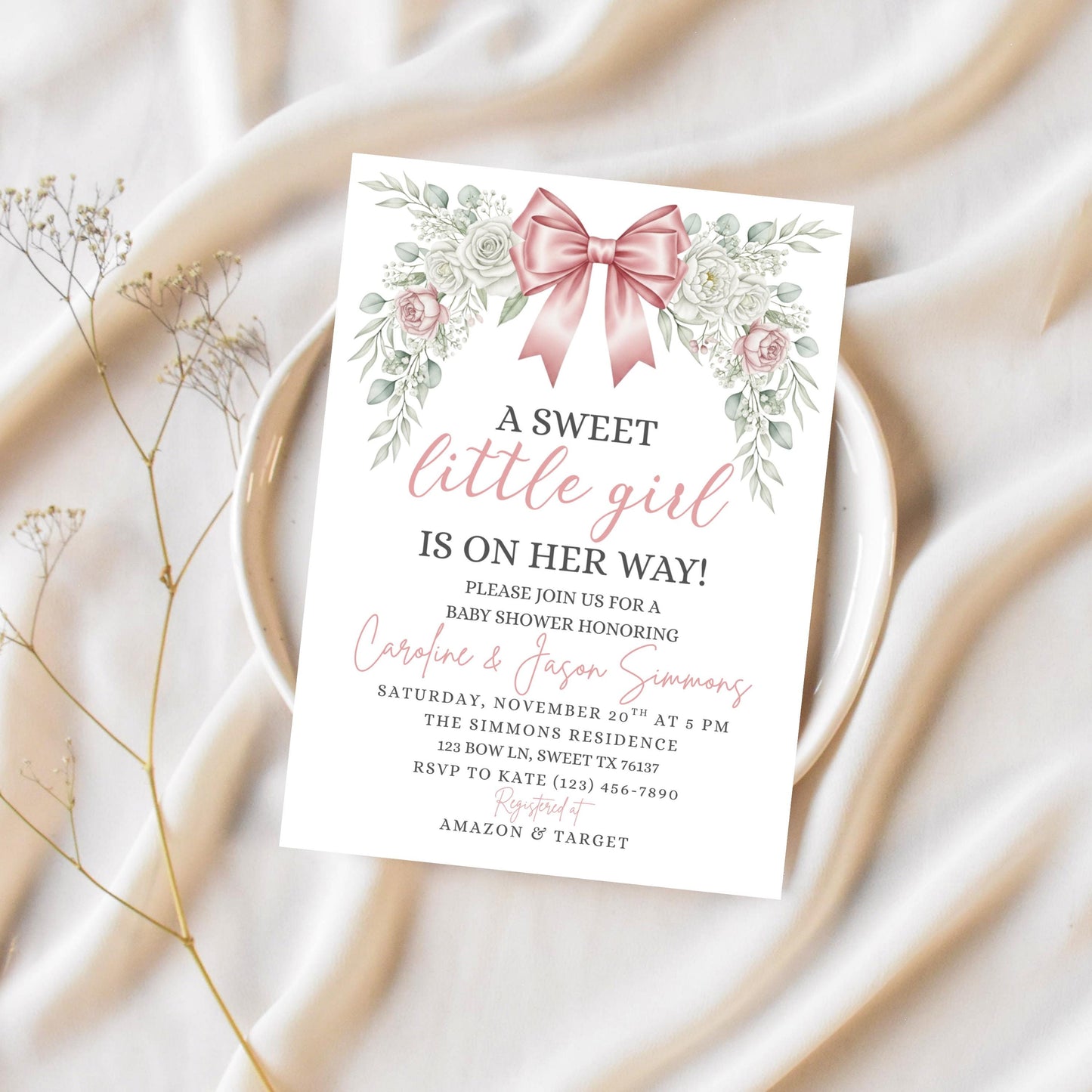 Pink Bow Baby Shower Invitation Floral Baby Shower Girls Baby Shower Invite Girl Baby Shower Invitation Baby Shower Bundle Pink Baby Shower