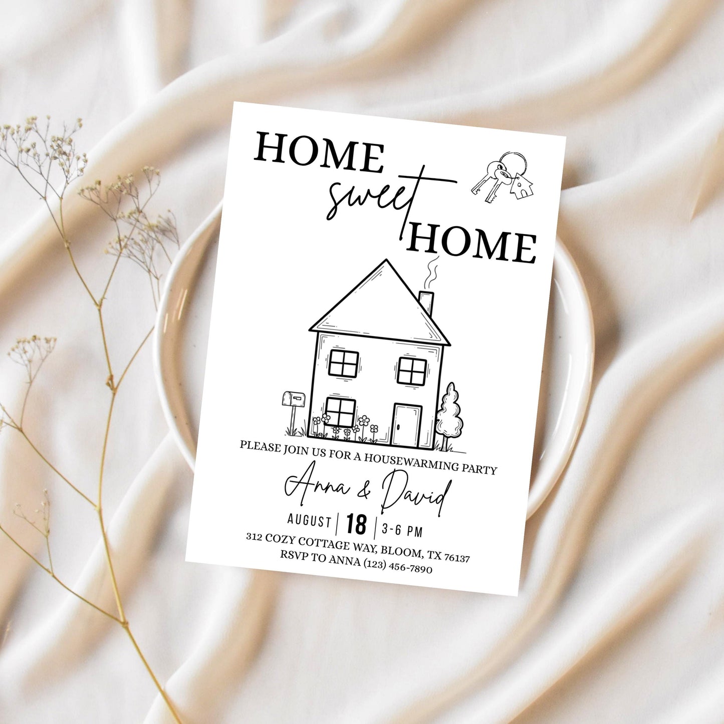 Editable Housewarming Invitation, Housewarming Party Invite, Modern Minimalistic, Home Sweet Home, New Home Card, Printable Template