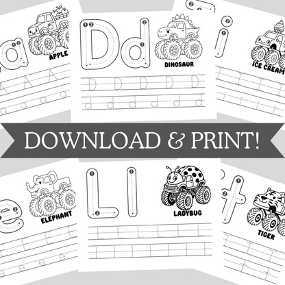 Printable Monster Truck Alphabet Worksheets ABC Tracing Coloring Pages for Preschool Kids Educational Alphabet Tracing ABC Printable