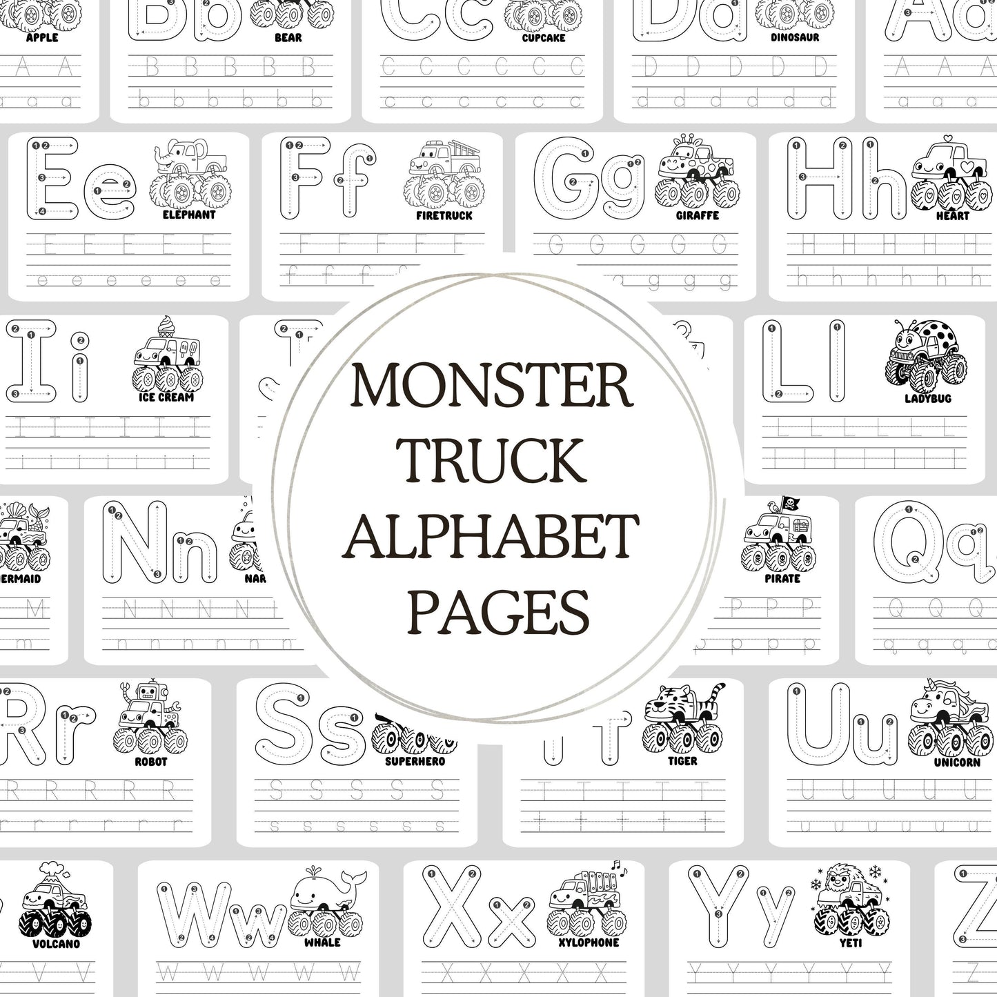 Printable Monster Truck Alphabet Worksheets ABC Tracing Coloring Pages for Preschool Kids Educational Alphabet Tracing ABC Printable