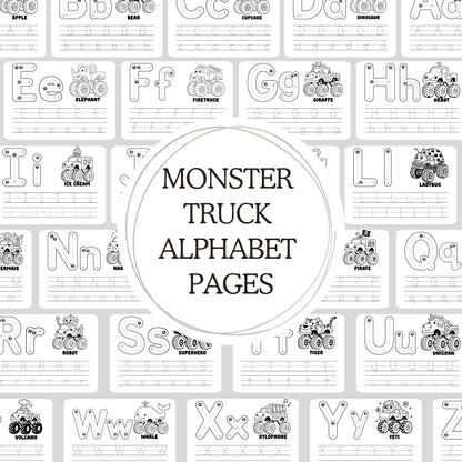 Printable Monster Truck Alphabet Worksheets ABC Tracing Coloring Pages for Preschool Kids Educational Alphabet Tracing ABC Printable
