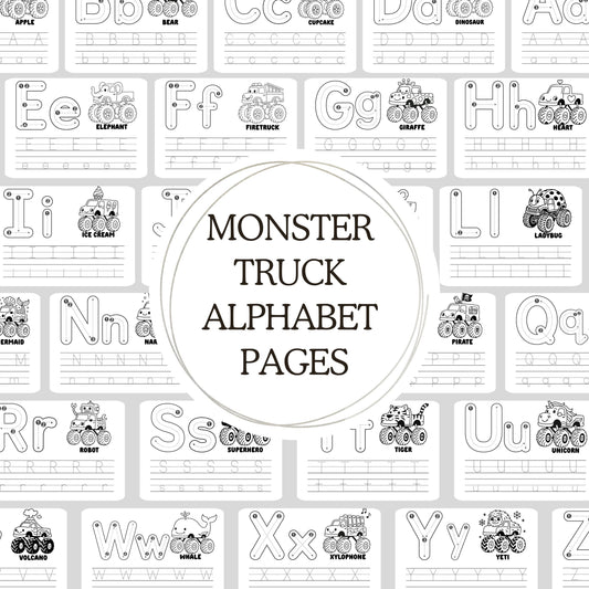 Printable Monster Truck Alphabet Worksheets ABC Tracing Coloring Pages for Preschool Kids Educational Alphabet Tracing ABC Printable