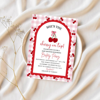 Cherry Baby Shower Invitation Template, Editable Cherry on Top Baby Shower Invitation, Printable Pink Baby Shower Invites Girl Baby Shower