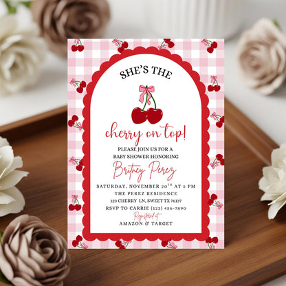 Cherry Baby Shower Invitation Template, Editable Cherry on Top Baby Shower Invitation, Printable Pink Baby Shower Invites Girl Baby Shower