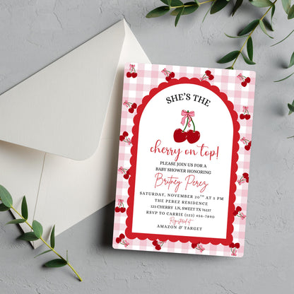 Cherry Baby Shower Invitation Template, Editable Cherry on Top Baby Shower Invitation, Printable Pink Baby Shower Invites Girl Baby Shower