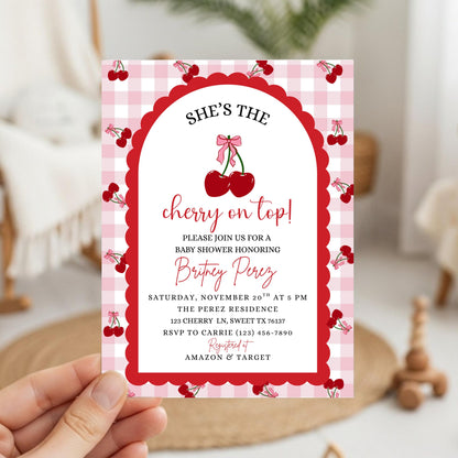 Cherry Baby Shower Invitation Template, Editable Cherry on Top Baby Shower Invitation, Printable Pink Baby Shower Invites Girl Baby Shower