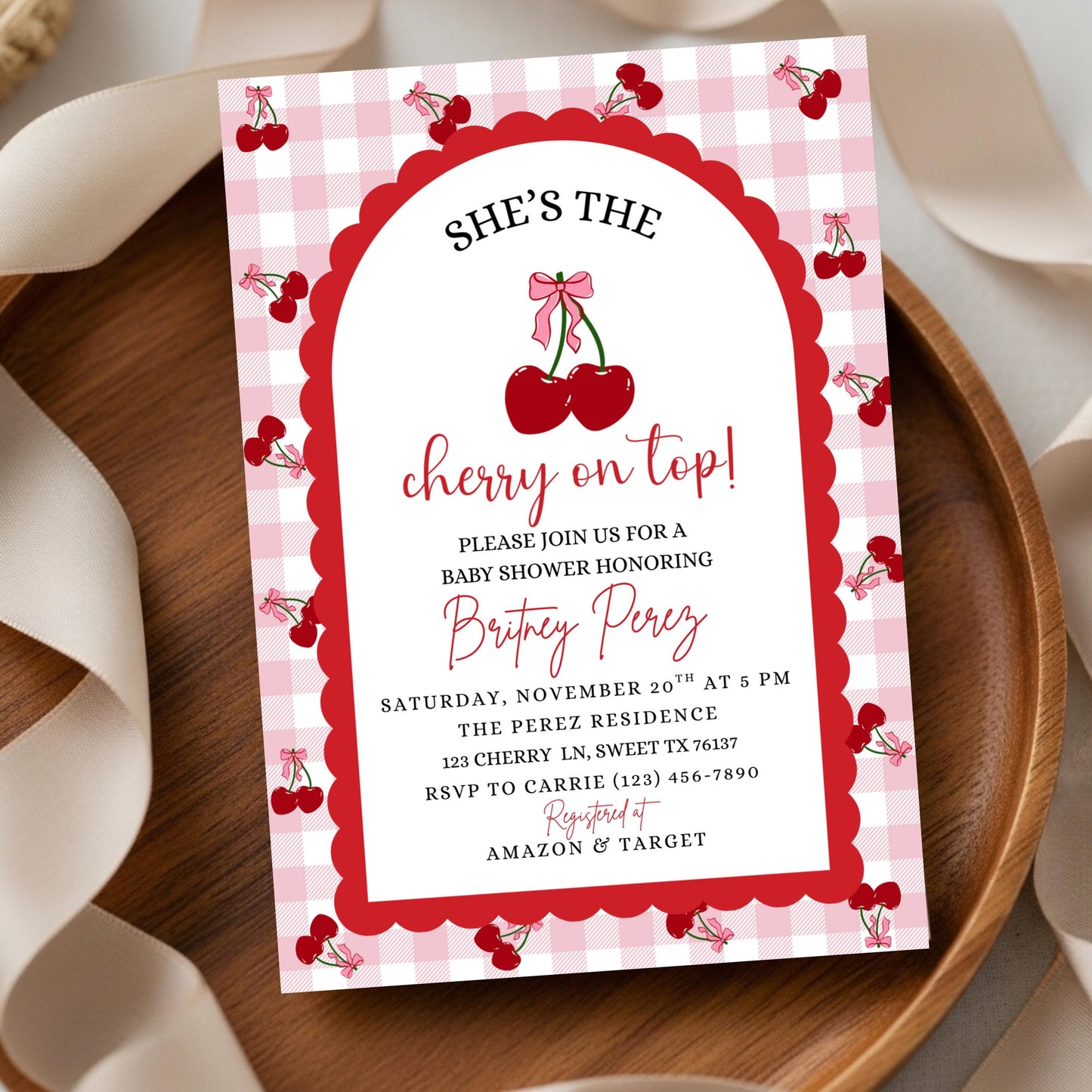 Cherry Baby Shower Invitation Template, Editable Cherry on Top Baby Shower Invitation, Printable Pink Baby Shower Invites Girl Baby Shower