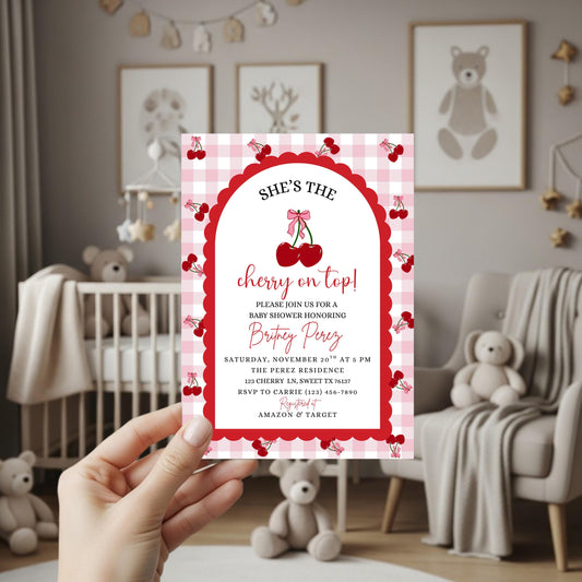 Cherry Baby Shower Invitation Template, Editable Cherry on Top Baby Shower Invitation, Printable Pink Baby Shower Invites Girl Baby Shower