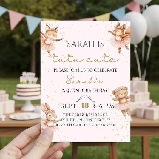 Tutu Cute Birthday Invitation Ballerina 2nd Birthday Invite Two Cute Invite Second Birthday Invitation Girl Ballet Woodland Birthday Invite