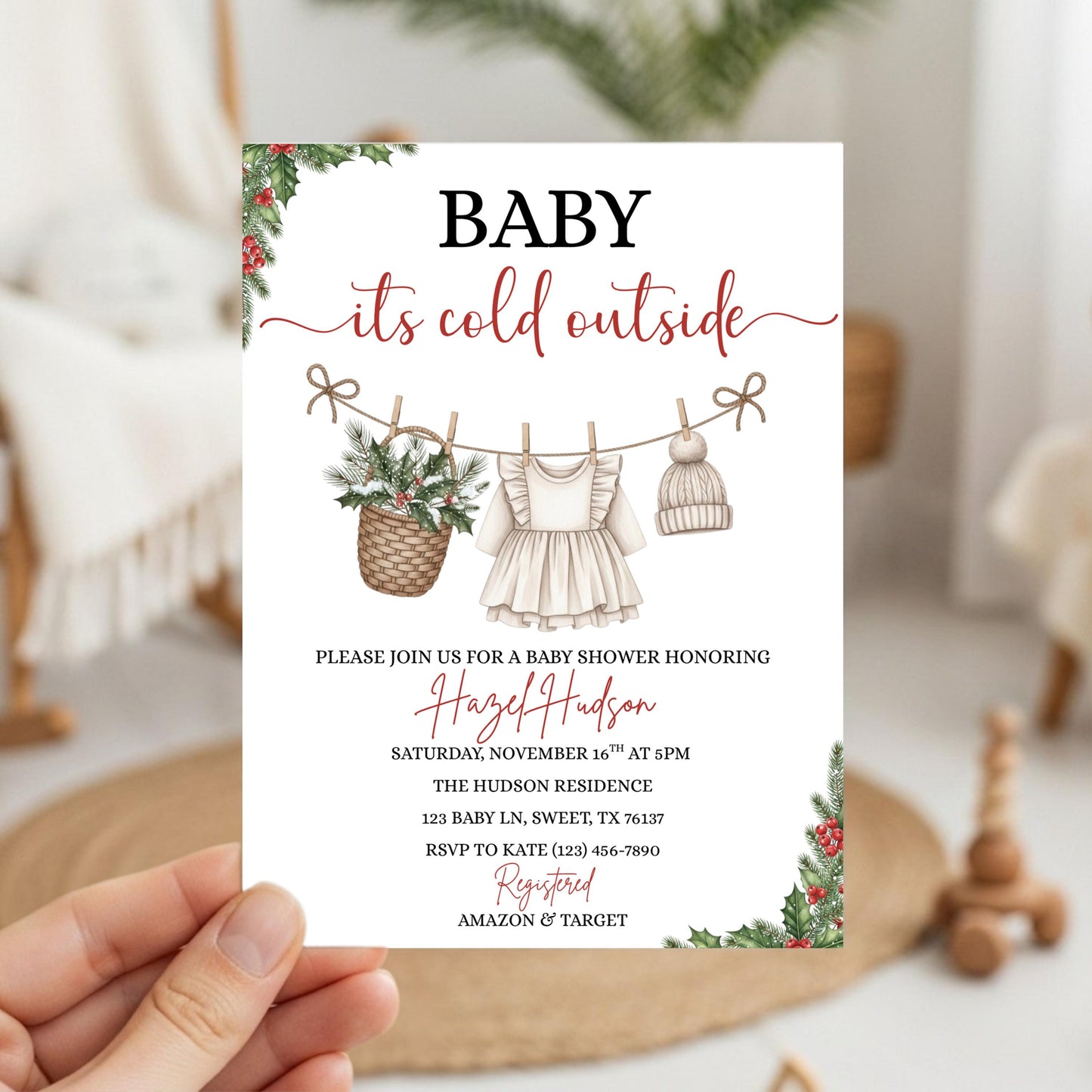 Winter Baby Shower Invitation Template, Baby it's Cold Outside Invite, Clothesline Baby Shower, Instant Download, Girl Christmas Baby Shower