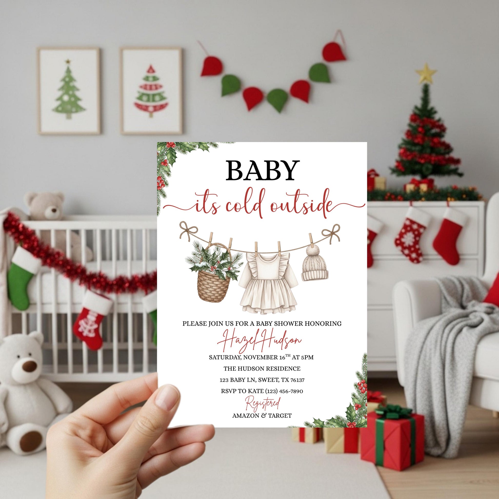 Winter Baby Shower Invitation Template, Baby it&#39;s Cold Outside Invite, Clothesline Baby Shower, Instant Download, Girl Christmas Baby Shower