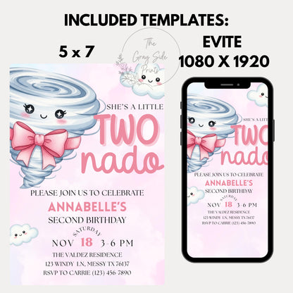 Twonado Birthday Invite She's A Little Twonado Invite Two Year Old Girl Birthday Two Nado Birthday Party 2nd Birthday Invite Girls Birthday