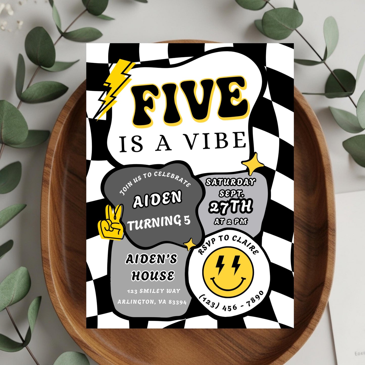Five is a Vibe Invitation Retro Birthday Invite Editable Checkered Groovy Retro Birthday Invite Five is a Vibe Invitation Boy Birthday