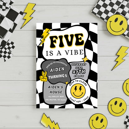 Five is a Vibe Invitation Retro Birthday Invite Editable Checkered Groovy Retro Birthday Invite Five is a Vibe Invitation Boy Birthday