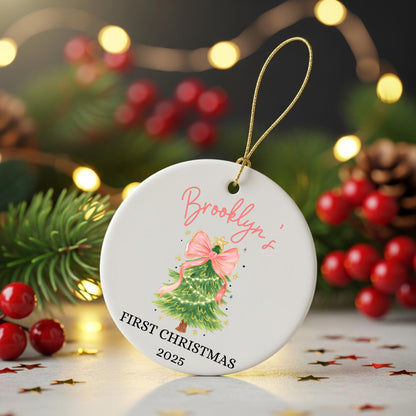 Baby First Christmas Ornament 2025 Personalized First Christmas Ornament Baby Girl Name Baby Shower Gift Baby Family Keepsake Pink Bow