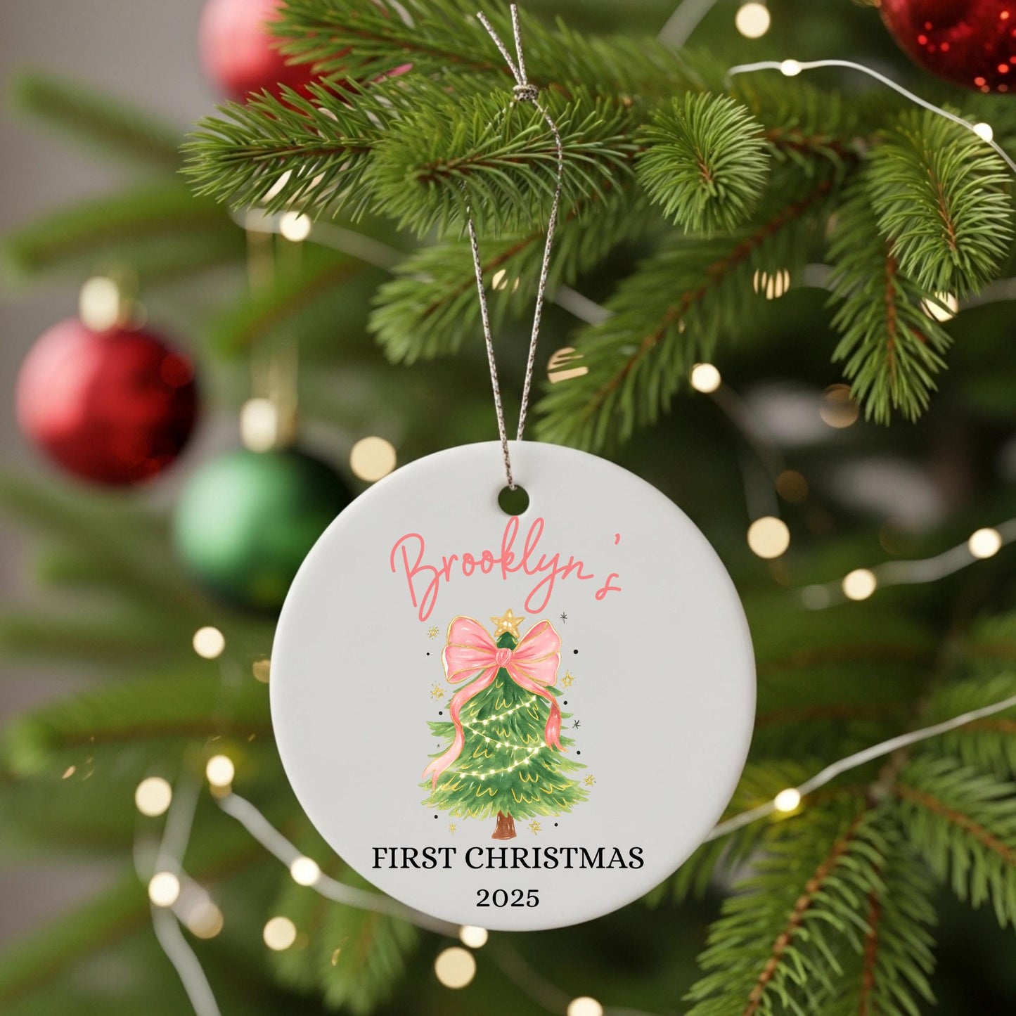Baby First Christmas Ornament 2025 Personalized First Christmas Ornament Baby Girl Name Baby Shower Gift Baby Family Keepsake Pink Bow