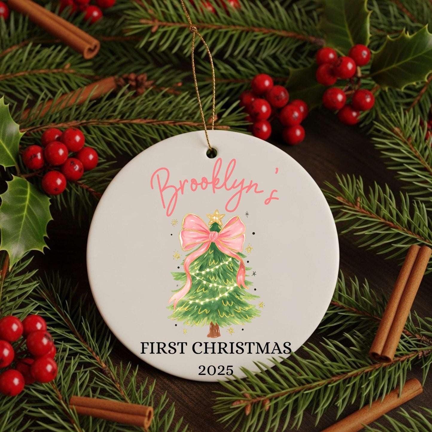 Baby First Christmas Ornament 2025 Personalized First Christmas Ornament Baby Girl Name Baby Shower Gift Baby Family Keepsake Pink Bow