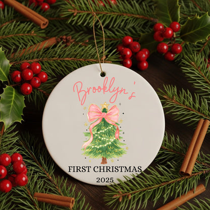 Baby First Christmas Ornament 2025 Personalized First Christmas Ornament Baby Girl Name Baby Shower Gift Baby Family Keepsake Pink Bow