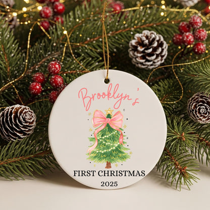 Baby First Christmas Ornament 2025 Personalized First Christmas Ornament Baby Girl Name Baby Shower Gift Baby Family Keepsake Pink Bow