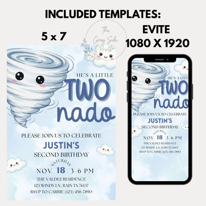 Twonado Birthday Invite He's A Little Twonado Invite Two Year Old Boy Birthday Two Nado Birthday Party 2nd Birthday Invite Boys Birthday