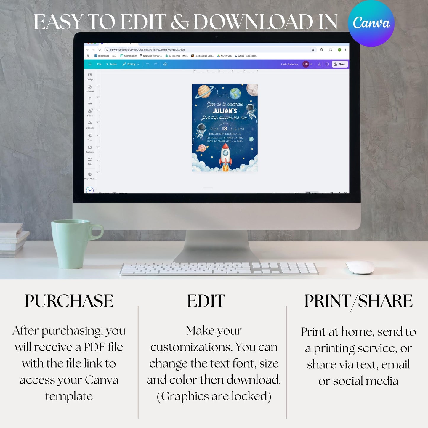 First Trip Around the Sun Invite Space Birthday Party Invitation Space Birthday Invite Space Rocket Planets Boy Girl Party Canva Template