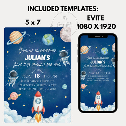 First Trip Around the Sun Invite Space Birthday Party Invitation Space Birthday Invite Space Rocket Planets Boy Girl Party Canva Template