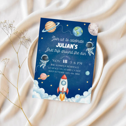 First Trip Around the Sun Invite Space Birthday Party Invitation Space Birthday Invite Space Rocket Planets Boy Girl Party Canva Template
